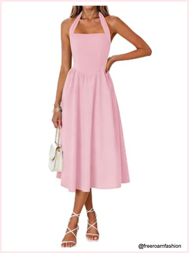 Women's Sleeveless Halter Midi Dress With Pockets A-Line Swing